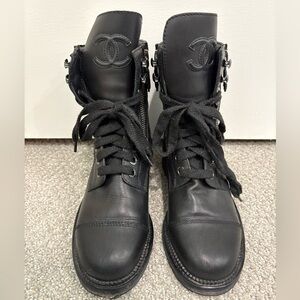 Authentic CHANEL Black Leather Combat Boots 35